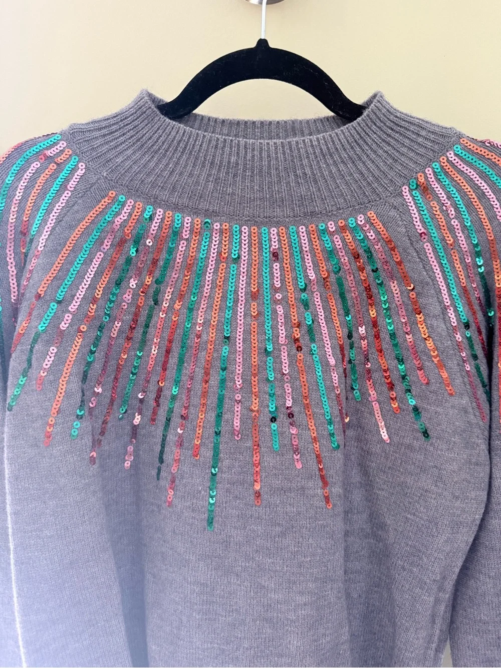 Sequin-Yoke Gray Turtleneck Sweater